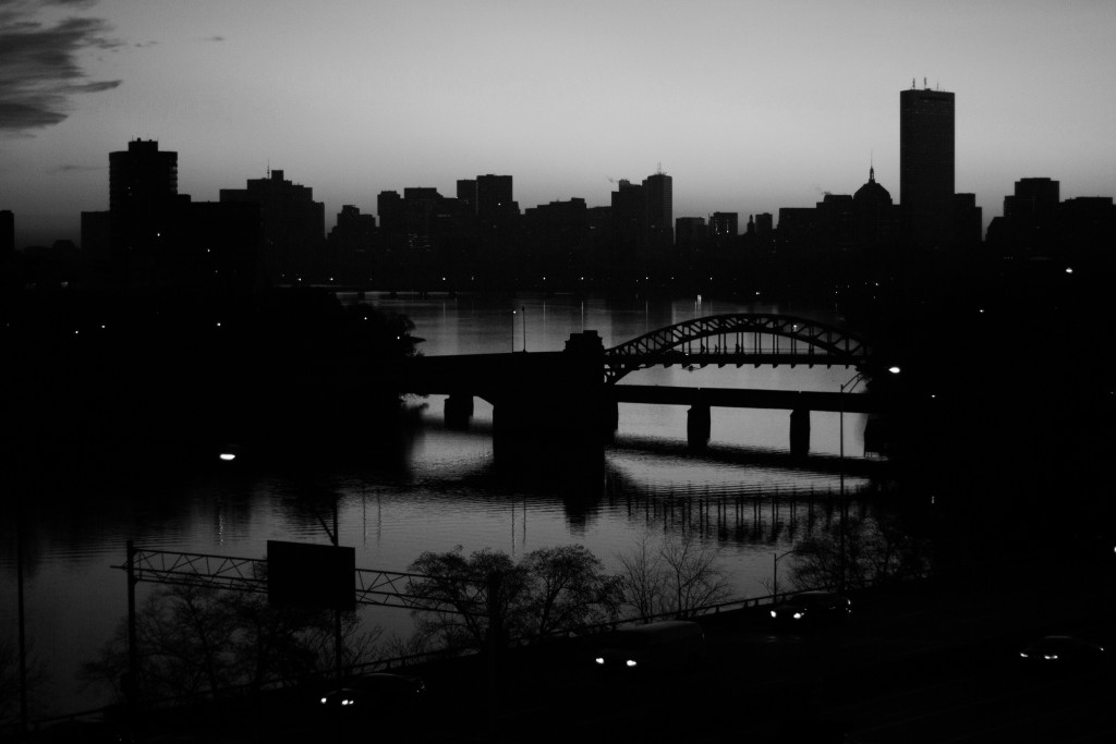 Boston, November 11, 2014: The sun rise illuminates the Boston skyline, seen from Student Village 1, 10 Buick Street.